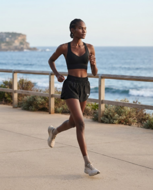Ensemble Elyx running – logo FITTO officiel Ensemble Elyx running noir FITTO porté sur une promenade côtière